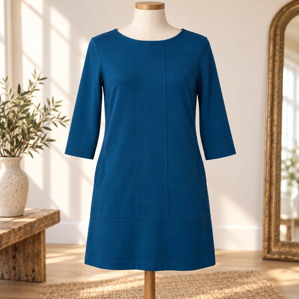 J. Jill Ponte Knit Shift Dress Large Teal 3/4 Sleeve Pockets Workwear Career